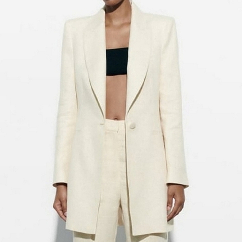 NEW Zara Metallic Thread Long Blazer Dress Cream